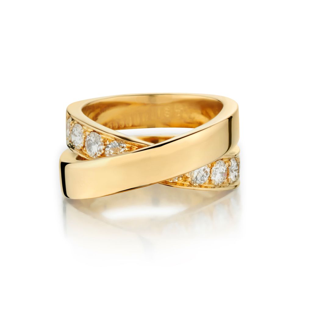 Cartier Ladies Nouvele Vogue Cross Over Ring with Diamonds. 18kt Y