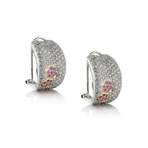 18kt White Gold Diamond Huggies Earrings with Accent of Pink Sapphire Flower.