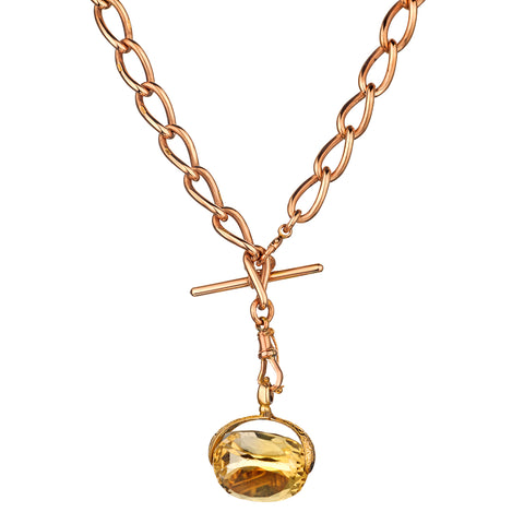 Vintage 9kt Pink Gold Chain with T-Bar and Citrine Stone Seal.