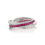 18kt White Gold Tri-Band Ruby and Diamond Rolling Ring.