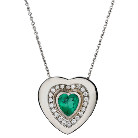 14kt White Gold Green Emerald and Diamond Heart Pendant.