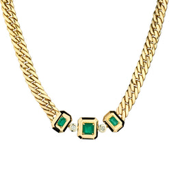 Handmade 14kt Yellow Gold Green Emerald and Diamond Necklace.