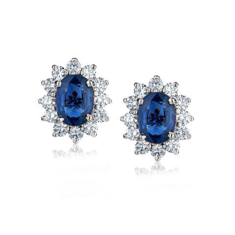 Ladies 18kt Yellow Gold Blue Sapphire  and Diamond Cluster Stud Earings.