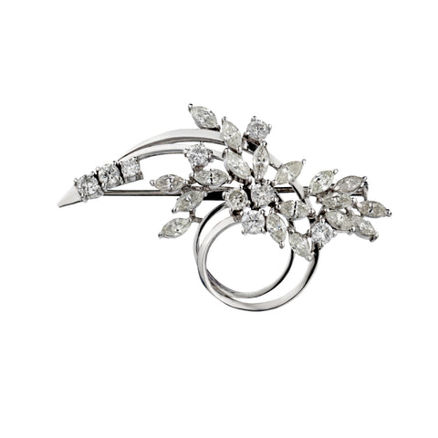 Platinum Diamond Floral Spray Mixed Diamond Brooch. Circa 1950. 3.00ct Tw