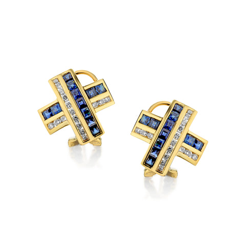 14kt Yellow Gold Blue Sapphire and Diamond "X" Stud Earrings