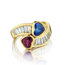18kt Yellow Gold Heart Ruby, Blue Sapphire and Diamond Ring.
