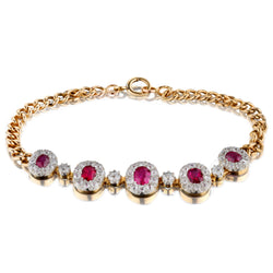 18kt Yellow Gold Vintage Red Stone and Mine Cut Diamond Bracelet. Georgian-Era