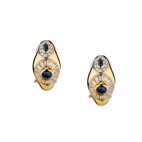 18kt Yellow Gold Blue Sapphire and Diamond Stud Earrings.