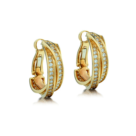 Cartier 18kt Yellow Gold "Trinity Hoop" Diamond Earrings.