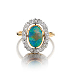 Ladies 14kt Yellow Gold Vintage Fire Opal and Mine Cut Diamond Ring. Circa 1890.