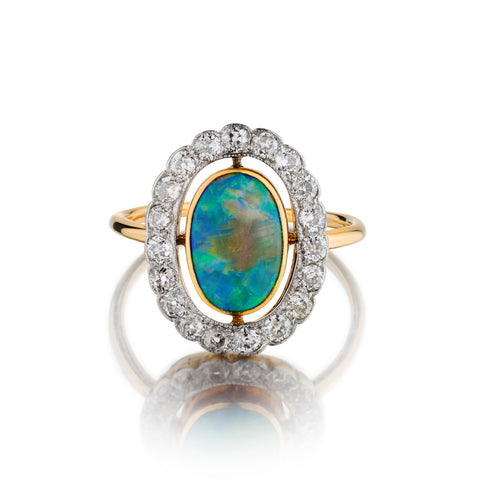 Ladies 14kt Yellow Gold Vintage Fire Opal and Mine Cut Diamond Ring. Circa 1890.