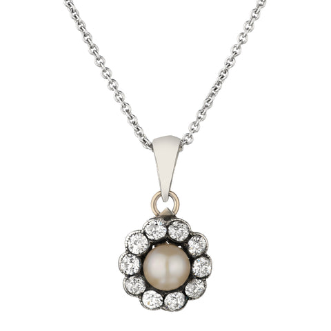 Beautiful Vintage 14kt White Gold Natural Pearl and Diamond Pendant.