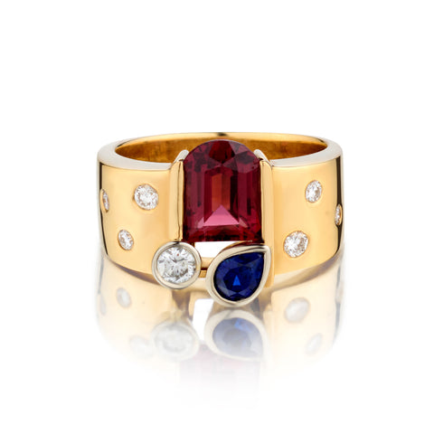 18kt Yellow Gold Custom Pink Tourmaline, Blue Sapphire and Diamond Ring.