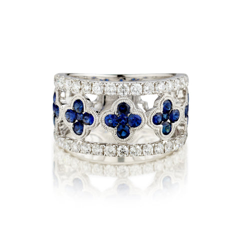 18kt White Gold Blue Sapphire and Diamond Clover Ring.