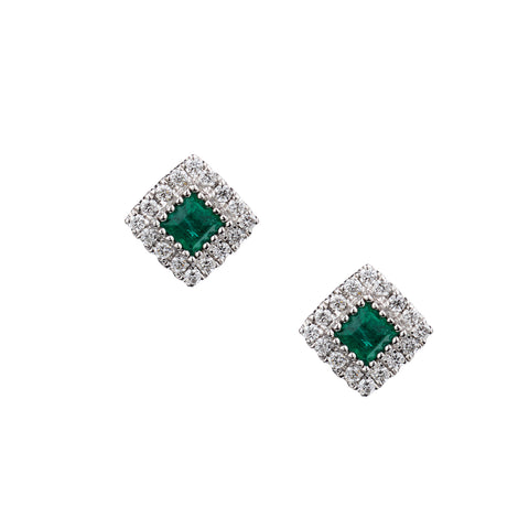 18kt White Gold Green Emerald and Diamond Stud Earrings.