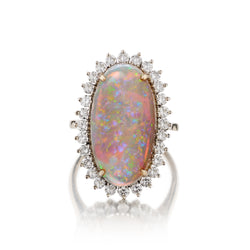 Magnificent Large Oval Opal Surrounded By Diamonds