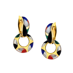 Asch Grossbordt 3 in 1 Huggies Earrings. Multi Stone Mosaic Inlay. 14kt Yellow Gold