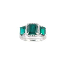 Platinum 3 x Chatham Emerald and Diamond Ring.