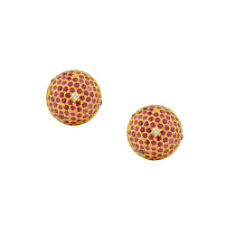 18kt Yellow Gold Ruby and Diamond Dome Large Button Earrings