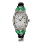 Ladies Art Deco Platinum and Jade and Diamond Dress Watch Circa 1920