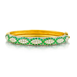 Ladies 18kt Yellow Gold Green Emerald and Diamond Bangle