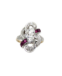 Vintage Ladies 14kt Yellow Gold and Platinum Ruby and Diamond Ring. Circa 1940
