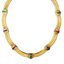 18kt Yellow Gold Scalloped Choker Gemstone Necklace. Weight: 98.32 grams.