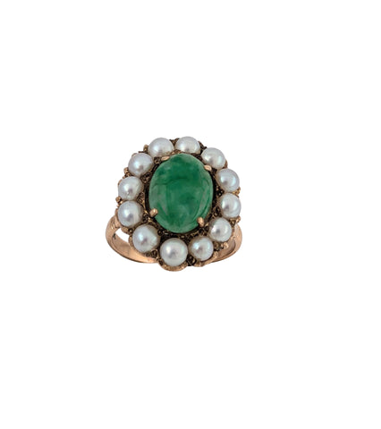 14kt Rose Gold Vintage Jade and Pearl Ring.