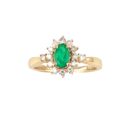 14kt Yellow Gold Green Emerald and Diamond Cluster Ring.