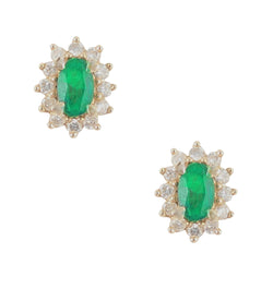 18kt Yellow Gold Green Emerald and Diamond Cluster Earrings.