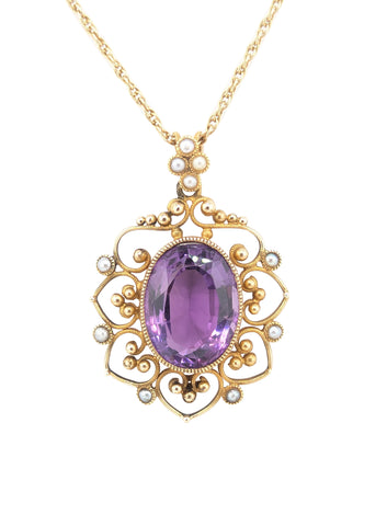 Victorian Vintage 14kt Yellow Gold Amethyst and Seed Pearl Pendant on Chain.