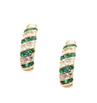 14kt Yellow Gold Green Emerald and Diamond Half Hoop Earrings.