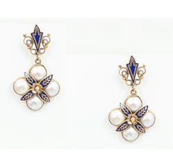 Vintage 14kt Pearl and Enamel Fleur de Lis Earrings