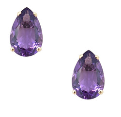 14kt Yellow Gold Solitaire Pear Shape Amethyst Stone Stud Earrings.