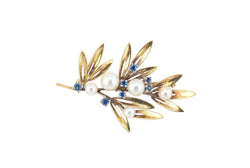 18kt Yellow Gold Blue Sapphire and Pearl Floral Brooch.