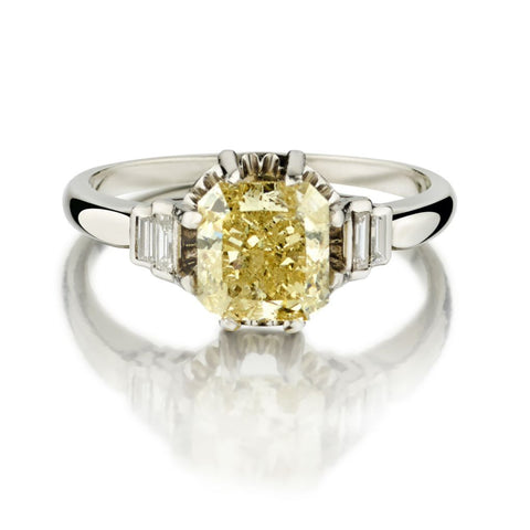 1.85 Carat Light Fancy Yellow Radiant Cut Diamond Platinum Ring