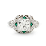 Art Deco European-Cut Diamond & Green Emerald Ring