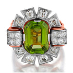 Unique Art-Deco Impressive Green Peridot And Old-Mine Cut Diamond Ring