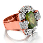 Unique Art-Deco Impressive Green Peridot And Old-Mine Cut Diamond Ring