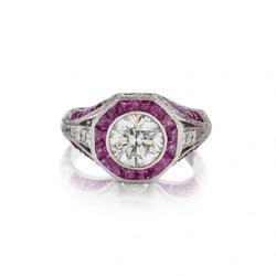 1.25 Carat Round Brilliant Cut Diamond And Ruby Halo-Set Ring