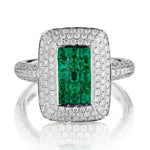 18KT White Gold Green Emerald And Round Brilliant Cut Invisibly Set Ring