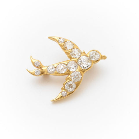 Vintage Yellow Gold & Mine Cut Diamond Swallow Pin