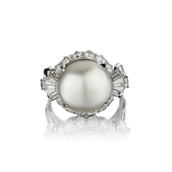 15MM Keshi Pearl And Diamond Mid-Century Platinum Ring