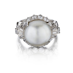 Platinum South Sea Pearl And Diamond Mid-Century Ring