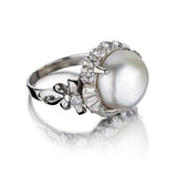 Platinum South Sea Pearl And Diamond Mid-Century Ring