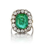 Victorian Era Green Emerald And Old-Mine Cut Diamond Halo Ring