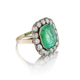 Victorian Era Green Emerald And Old-Mine Cut Diamond Halo Ring