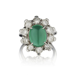 5.00 Carat Cabachon Green Emerald And Diamond WG Ring