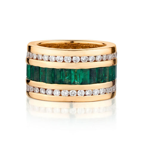 18kt Yellow Gold Diamond and Green Emerald Wide Band.