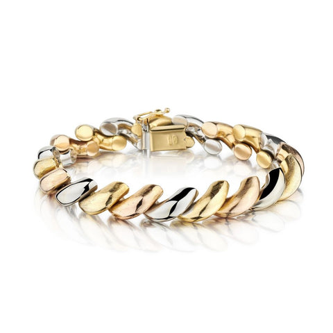 18KT Tricolor Gold Macoroni Link Unisex Bracelet.31.1 grams